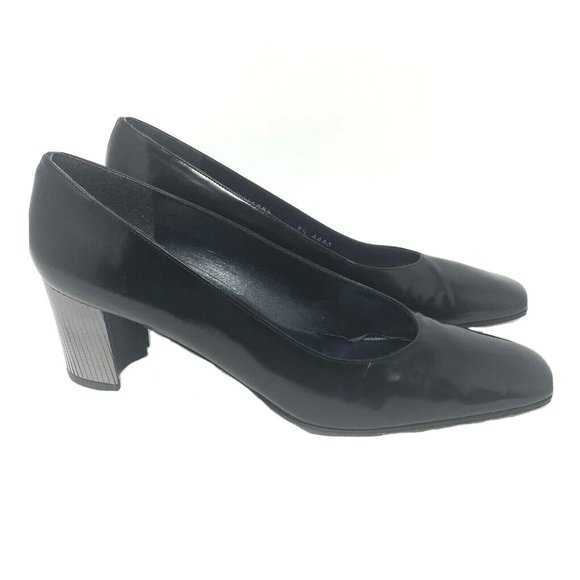 Stuart Weitzman 9.5 AAA 90's Square Toe Pumps Narrow Black Patent Metallic Heel - Picture 1 of 10